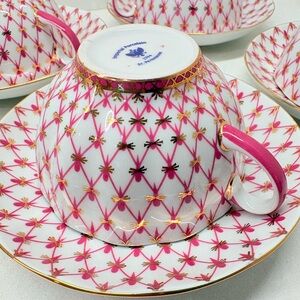 Imperial Porcelain Rose Net Pink Tea Cup & Saucer Set of 4 Lomonosov Pink Luska